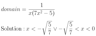 The domain of = 1/(x(7x^2-5)) is x<-sqrt(5/7)\lor-sqrt(5/7)<x<0\lor 0<x<sqrt(5/7)\lor x>sqrt(5/7)